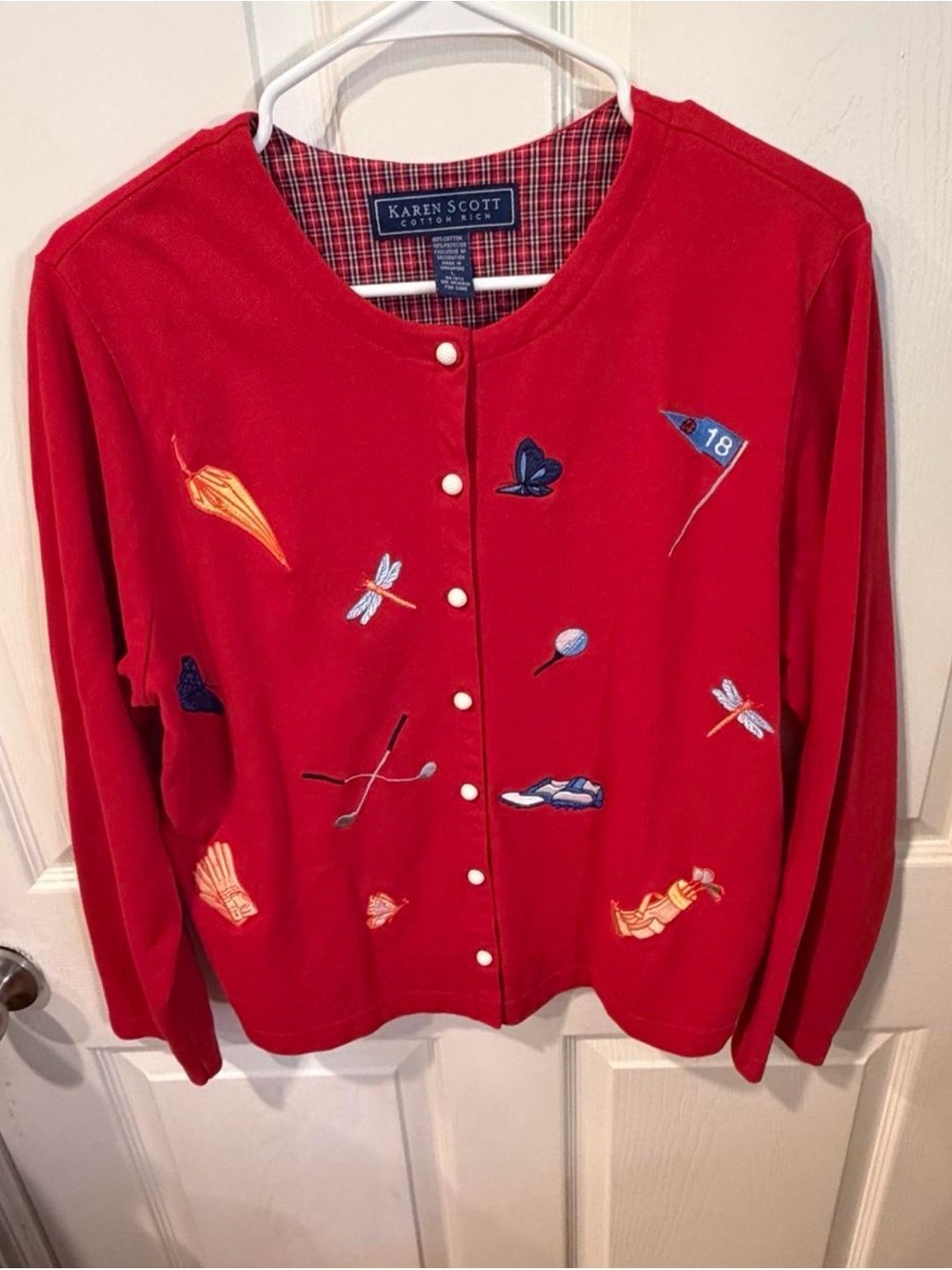 Karen Scott Red Embroidered Button-Front Sweater